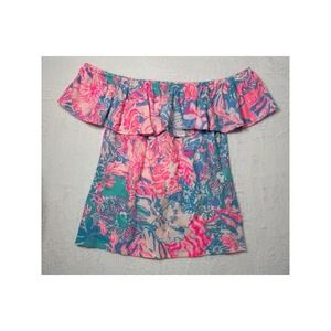 Lilly Pulitzer La Fortuna Off The Shoulder Ruffle Top Floral Print Blue Peri M